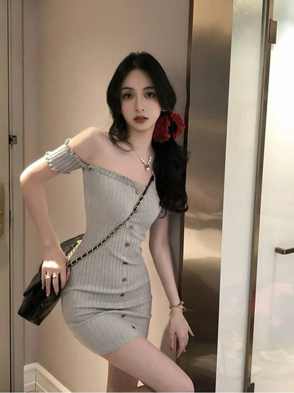 Woman Dress for Women 2025 Vestidos De Mujer Fashion Slash Neck Tunic Robe Femme Ruffles Bodycon Knitted Button Summer Dresses