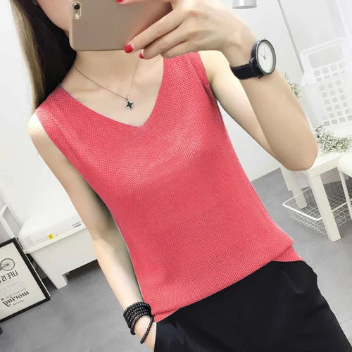 Top women Summer V Neck Hollow Knitted Vest Sleeveless Casual Tank Blusas Tops Sheer Mesh Patchwork T Shirt Bottom Camisole 2019
