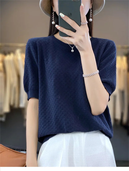 Women's T-shirt Summer 100% Cotton Sweater Short Sleeve Solid Color Round Neck Ladies Tops Loose Blouse Basic Pullover Tees