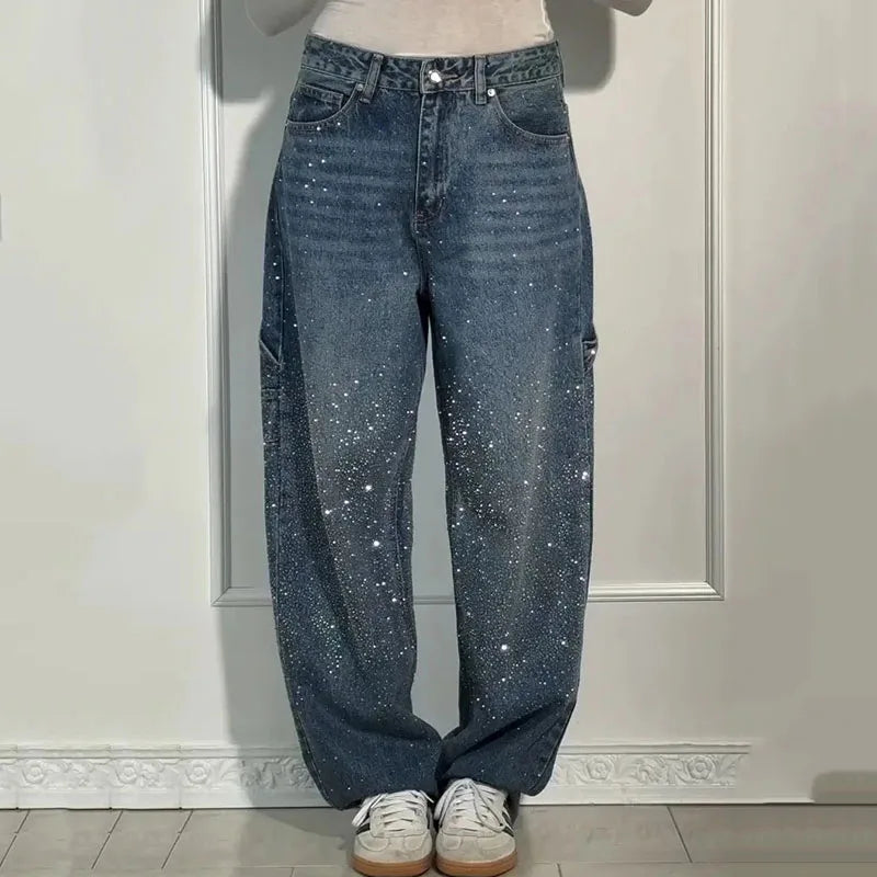 New Women Casual Hot Drilling Jeans Autumn Winter Cowboy Trousers High Waist Button Pockets Fashion Female Loose Straight Pants