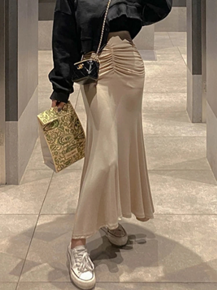 Shirring Satin Skirts for Women High Waisted Skirt 2025 Women A-Line Elegant Skirts Summer Pink Midi Skirt New Korean Style