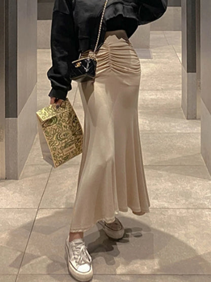 Shirring Satin Skirts for Women High Waisted Skirt 2025 Women A-Line Elegant Skirts Summer Pink Midi Skirt New Korean Style