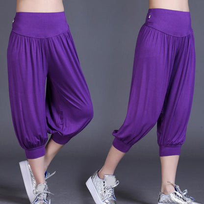Summer Women Yoga Pants Modal Solid Color Yoga Cropped Pants Wide Elastic Waistband Dance Performance Wide Leg Pants Bloomers