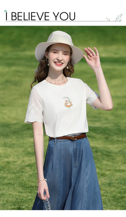 I BELIEVE YOU Top For Women 2025 New Summer T-shirt White O-Neck Studded Beads Embroidery Splicing Commuting T-shirt 2252016014