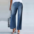 Women Seamed Front Wide Leg Jeans Elastic Waist Stretch Denim Flare Jeans High Waisted Jean Bell Bottom Cropped Pants pantalones