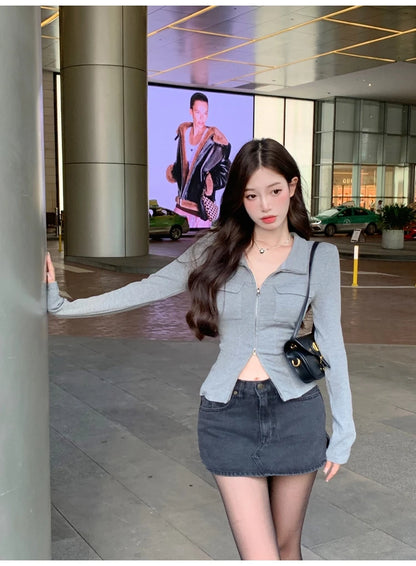 Women T-shirt Spring Autumn Clothes Ribbed Knitted Long Sleeve Short Tops Zipper Design Tee Sexy Female Slim Tops