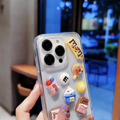 Super Cute M beans chocolate Phone Case for iPhone 16 15 14 13 12 11 Pro Max Cases Silicone Cover Transparent 3D Cartoon Funda