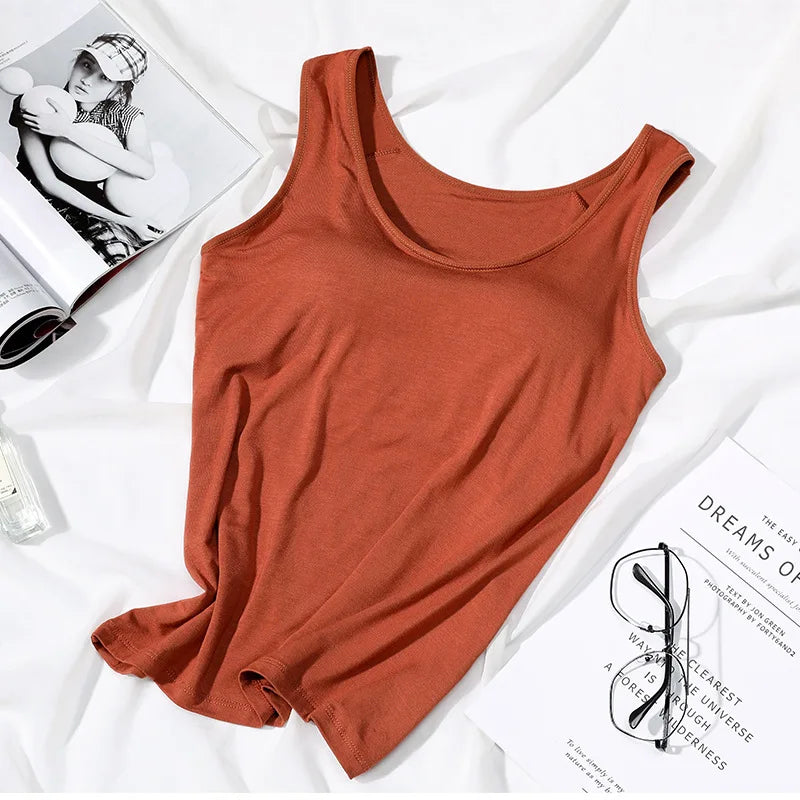 Women's Vest Tops With Built In Bra Neck Vest Padded Slim Fit Tank Tops Sexy Shirts Feminino Casual Underlay shirt slimming