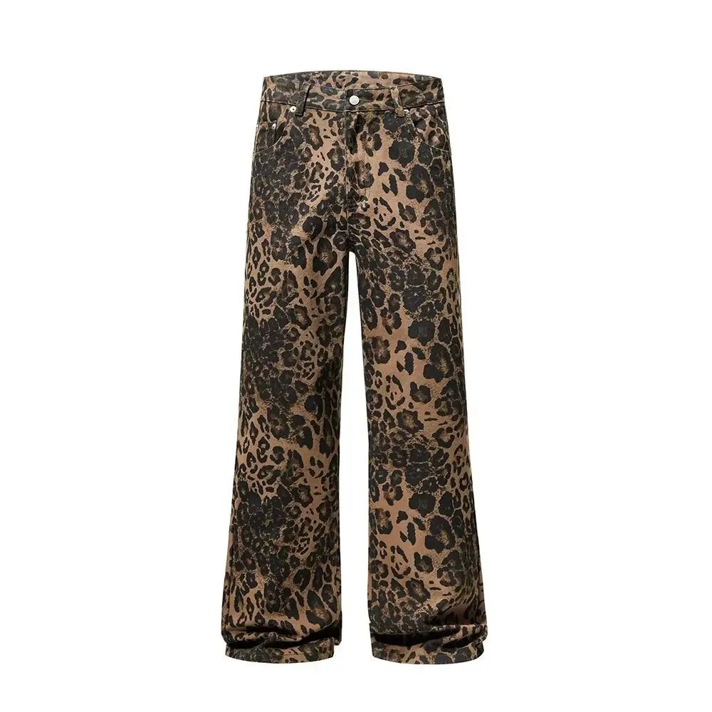 Women's leopard print jeans autumn and winter fashionable versatile loose retro casual pants straight leg wide leg pants