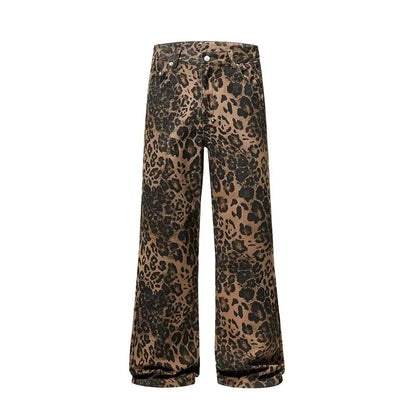 Women's leopard print jeans autumn and winter fashionable versatile loose retro casual pants straight leg wide leg pants