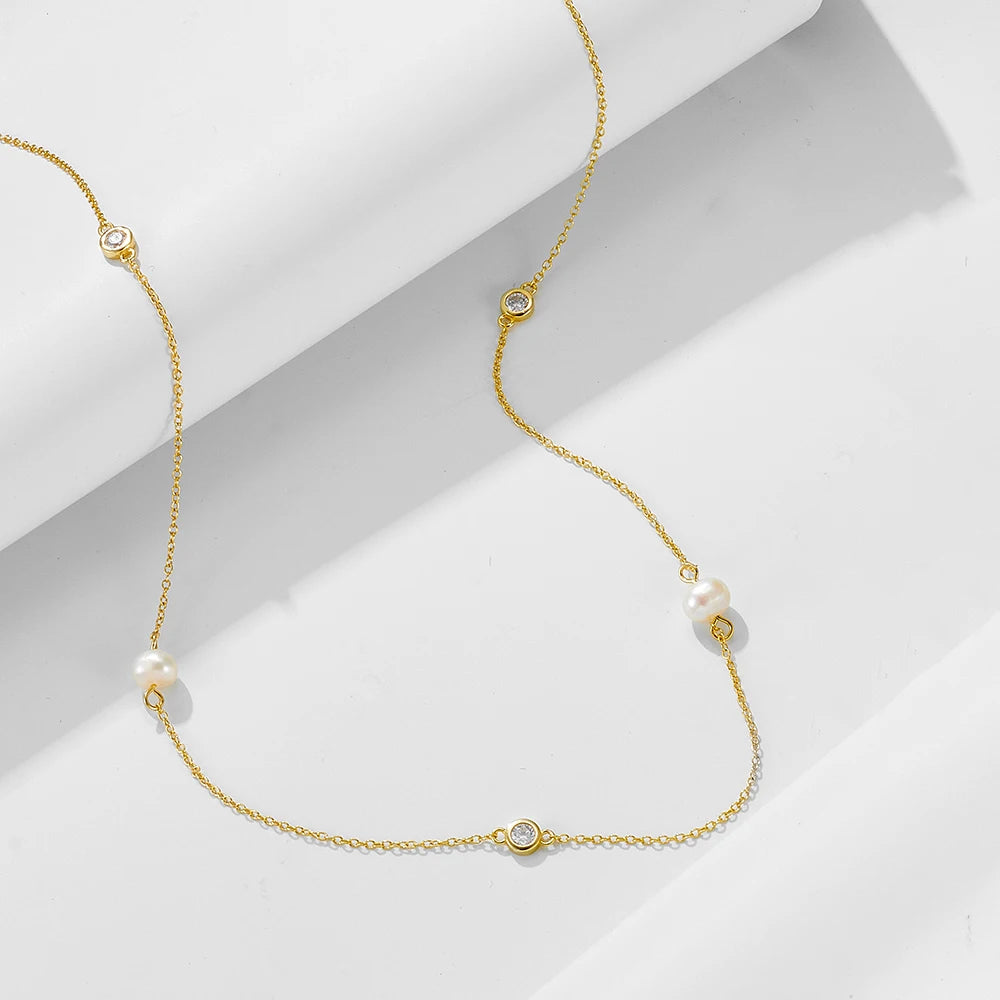 fashion jewelry 925 sterling silver necklaces natural freshwater pearl round zircon gold plated necklaces for women