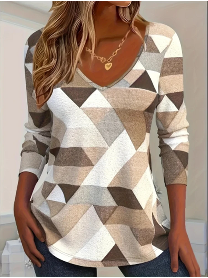 Women Elegant Minimalist Spring Top 2024 New Geometry V-Neck Long Sleeve Blouse Fashionable T-Shirt