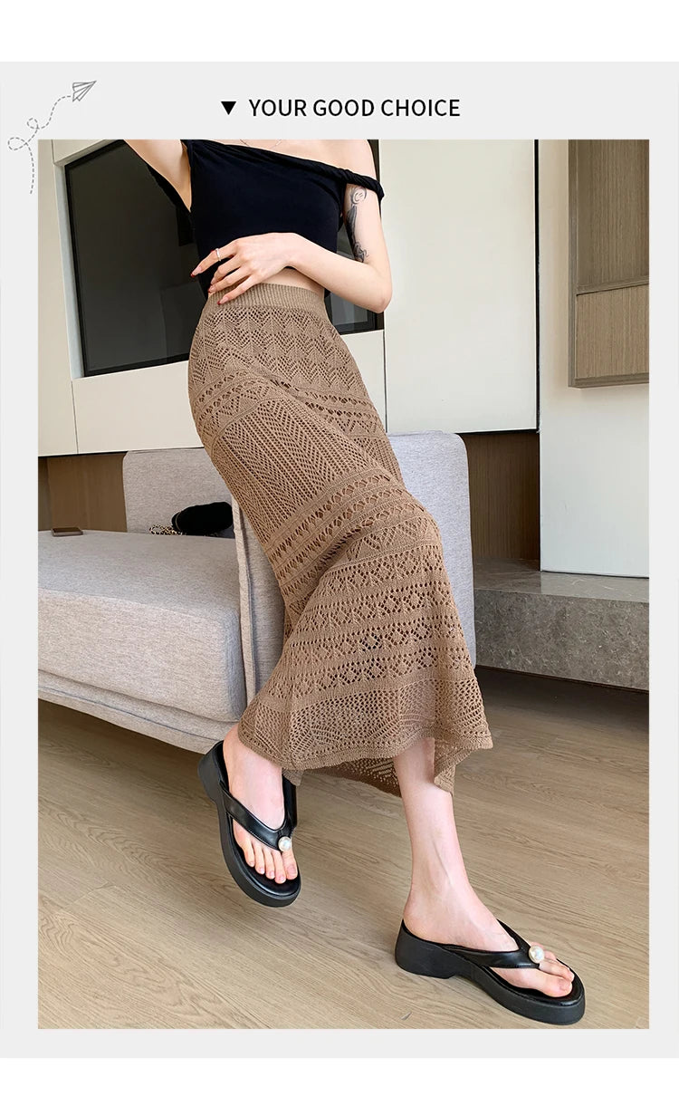 Skirts Women Trumpet High Waist Long Skirt Female Summer Elegant Knitted Hollow Out Fahison Skirt Bottom