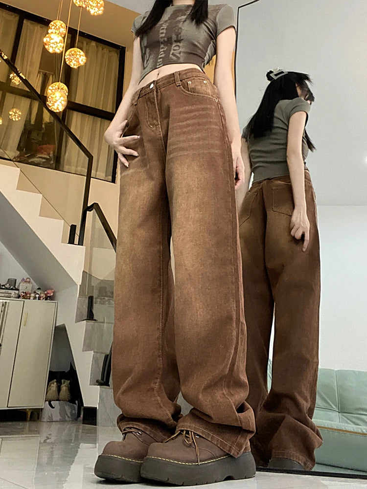 Women Brown Jeans 90s Aesthetic Y2k Vintage Baggy Denim Trouser Fashion Harajuku High Waist Wide Cowboy Pants 2000s Clothes 2023