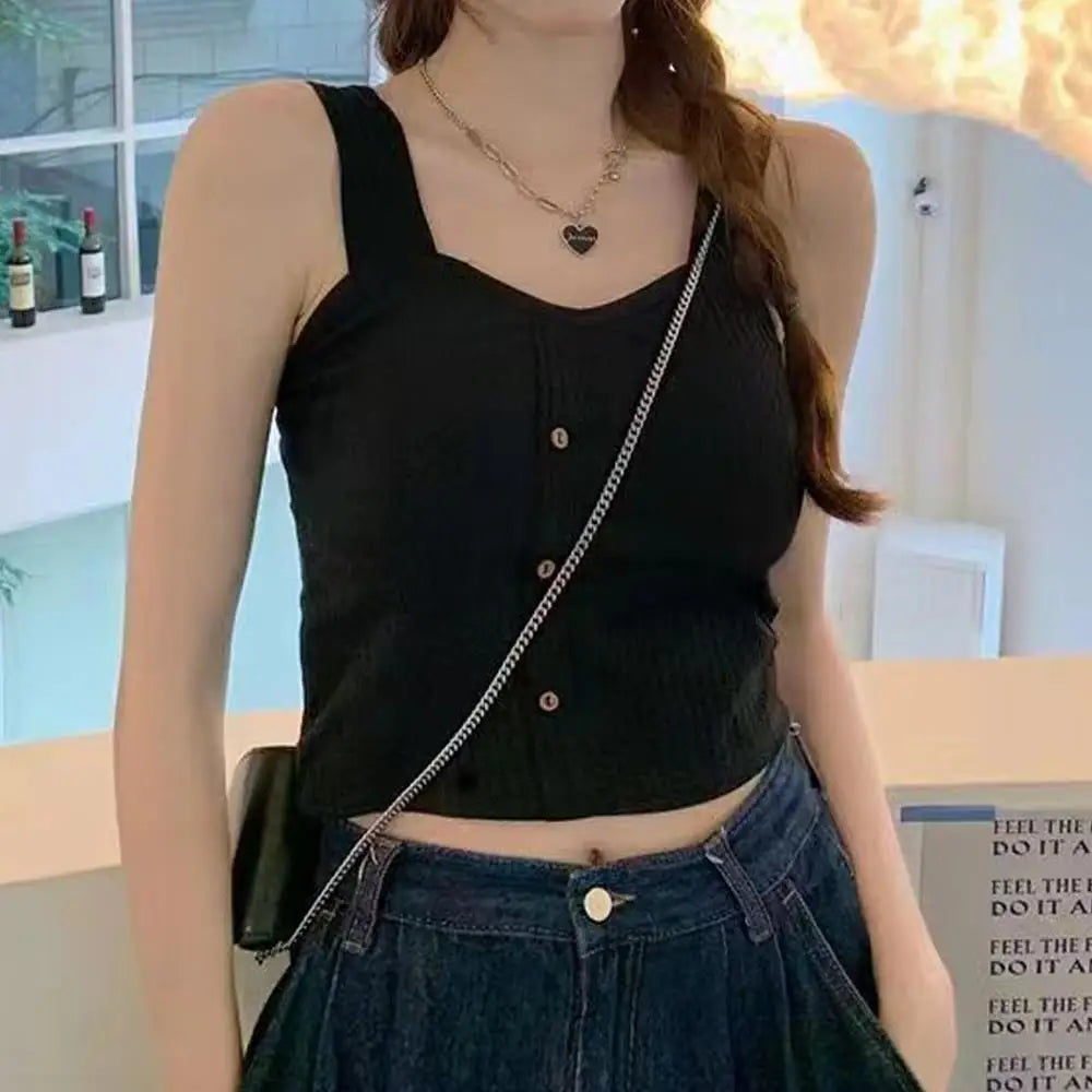 Women's Ribbed Tank Tops Y2K Cropped Tops with Bra Pads Knitted Button Down Suspenders Vest Sexy Camisole Female Short Tops