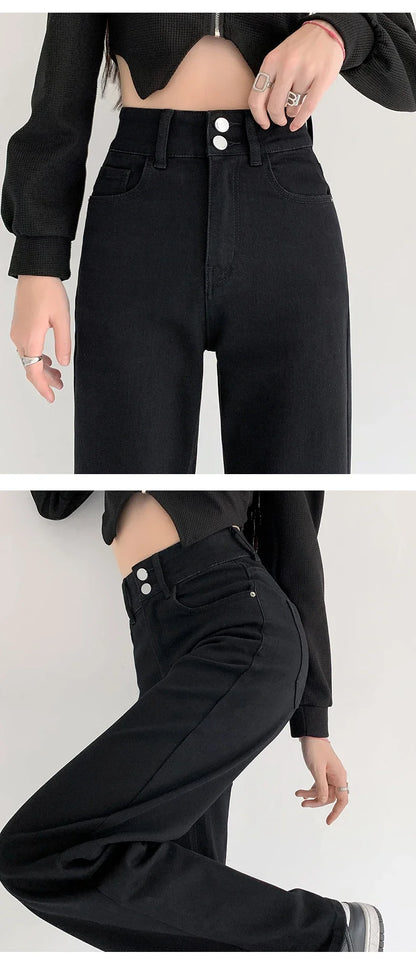 Women's Jeans Autumn High Waist Loose Straight Denim Pants Black Blue Fashion Korean Street Stretch Soft Comfortable Trousers