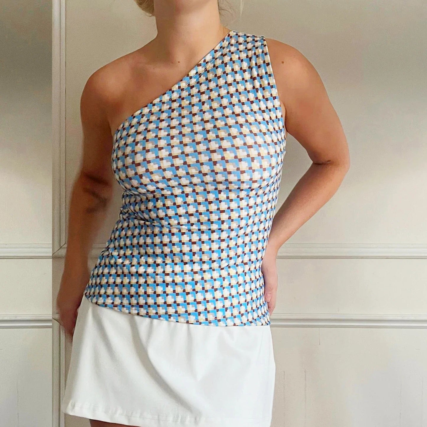 Women's Fashion One Shoulder Tops Slim Flower Print Slash Neck Backless Sleeveless Crop Shirt for Summer