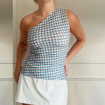 Women's Fashion One Shoulder Tops Slim Flower Print Slash Neck Backless Sleeveless Crop Shirt for Summer