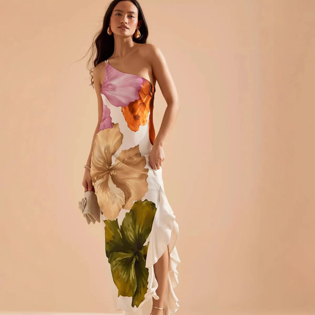 Women's Dress 2025 New Summer Floral Print One-shoulder Elegant Party Evening Maxi Dresses Fashion Vacation Beach Dress