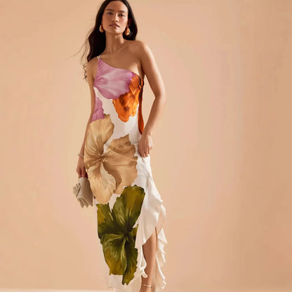 Women's Dress 2025 New Summer Floral Print One-shoulder Elegant Party Evening Maxi Dresses Fashion Vacation Beach Dress