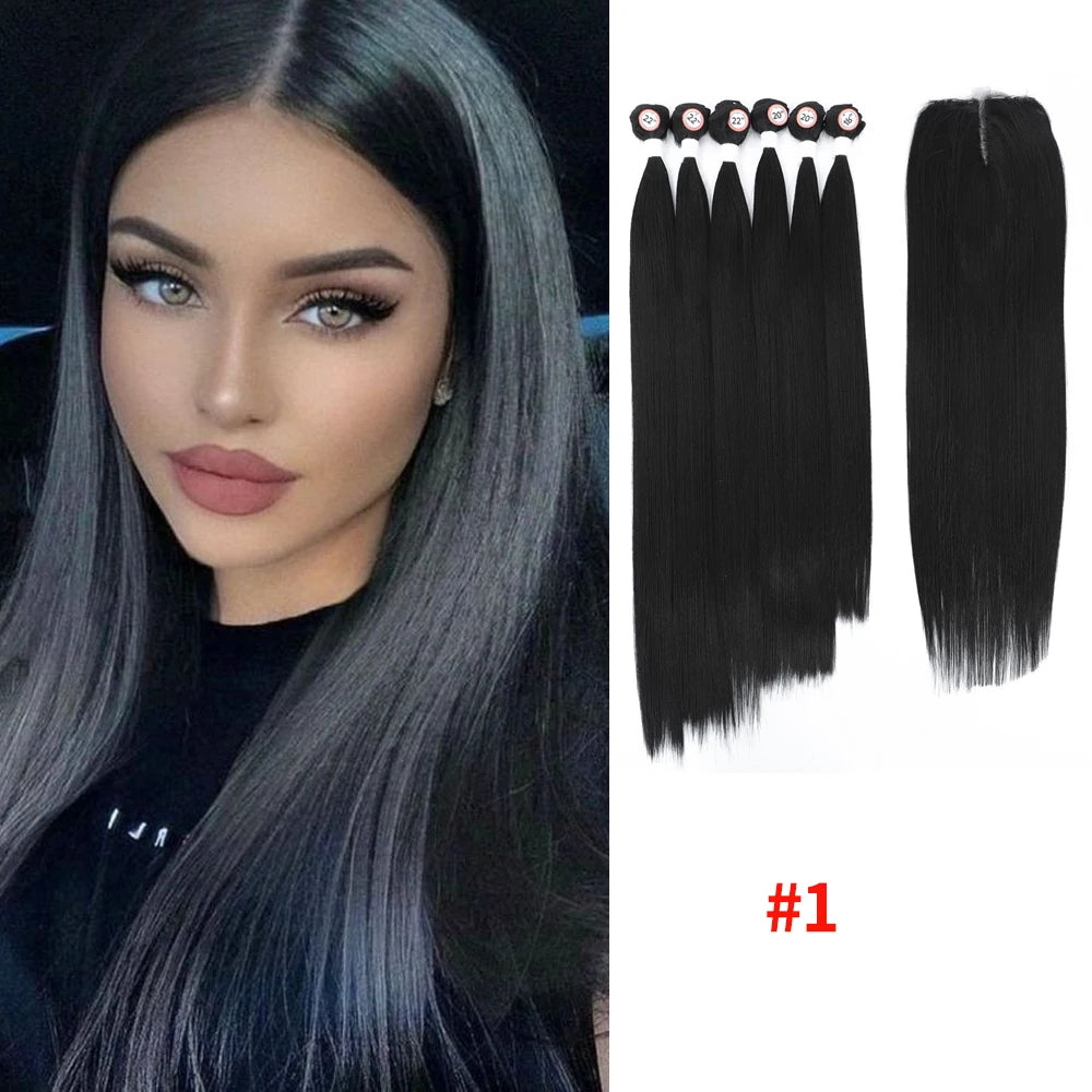 Synthetic Hair Weaving Bundles with 4*4 Clousure Lace Frontal Ombre Wig Natural Wave Straight Hair Extensions Soku Hair Weave