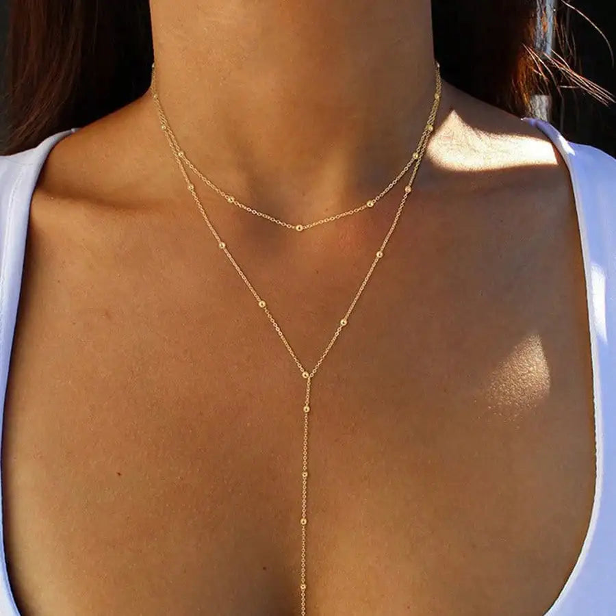 Layered Y-Shaped Necklace with Beaded Chain Detailing and Lariat Structure, Minimalist Two-Strand Design for Everyday Wear