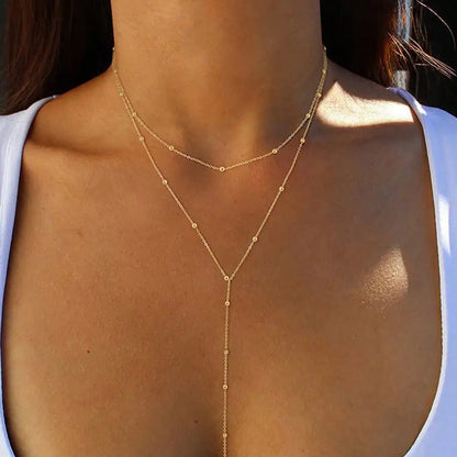 Layered Y-Shaped Necklace with Beaded Chain Detailing and Lariat Structure, Minimalist Two-Strand Design for Everyday Wear