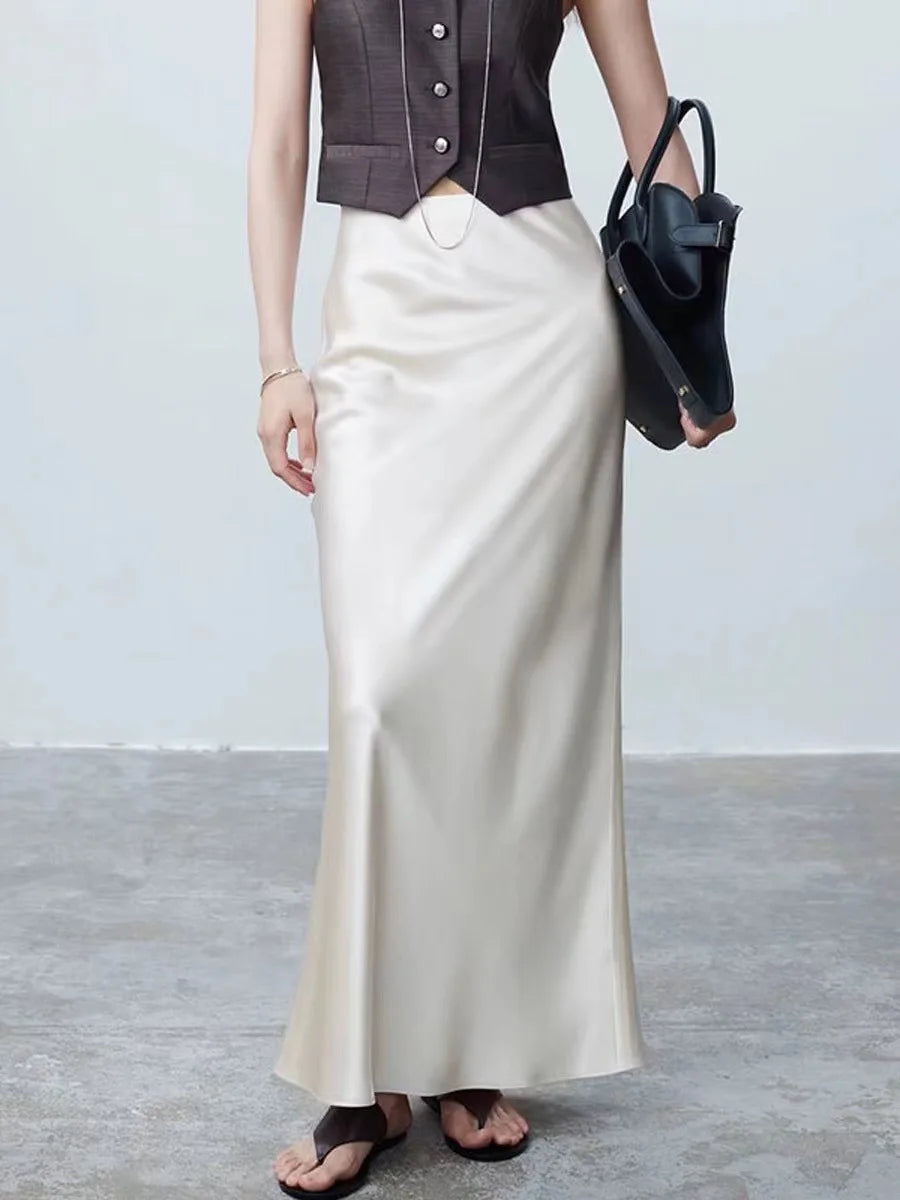 Long Skirts for Women High-waisted Thin Satin Acetate Silky Fishtail Skirt Korean Fashion Clothing Elegant Women's A-line Skirt