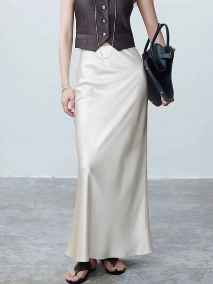Long Skirts for Women High-waisted Thin Satin Acetate Silky Fishtail Skirt Korean Fashion Clothing Elegant Women's A-line Skirt