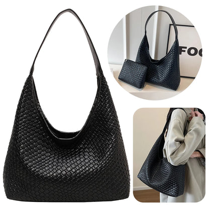 Women Large Shoulder Bag with Pouch Top Handle Bag Trendy PU Woven Tote Bag Leather Armpit Handbag Commuting Bag