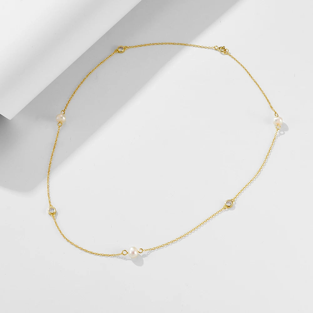 fashion jewelry 925 sterling silver necklaces natural freshwater pearl round zircon gold plated necklaces for women