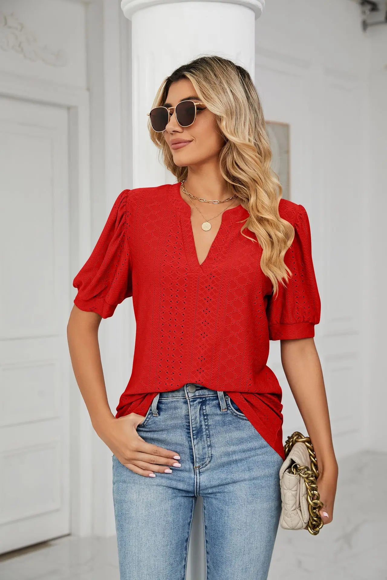 Womens Tops V Neck Ruffle Sleeve Blouses Short Sleeve Casual Tops T-Shirts for Women Autumn Winter