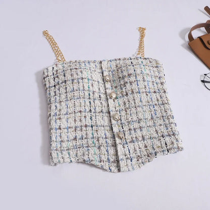 Women Summer Tweed Chain Chic Tank Tops Buttons Off Shoulder with Bra Pad Crop Tops Pleated Sexy Backless Sleeveless Sweet Camis