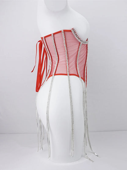 Women Tunic Bras In Waist Corset Tops Fashion Diamond Luxury Diamond Tassel Corset Slim Vest Sexy Tmesh Sheer Top Female 2025