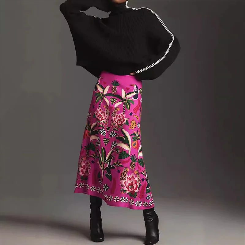 Women Skirts 2024 Spring Summer Vintage Streetwear Ladies Casual Floral Printed Long Skirts Elastic Waist Female Midi Skirts