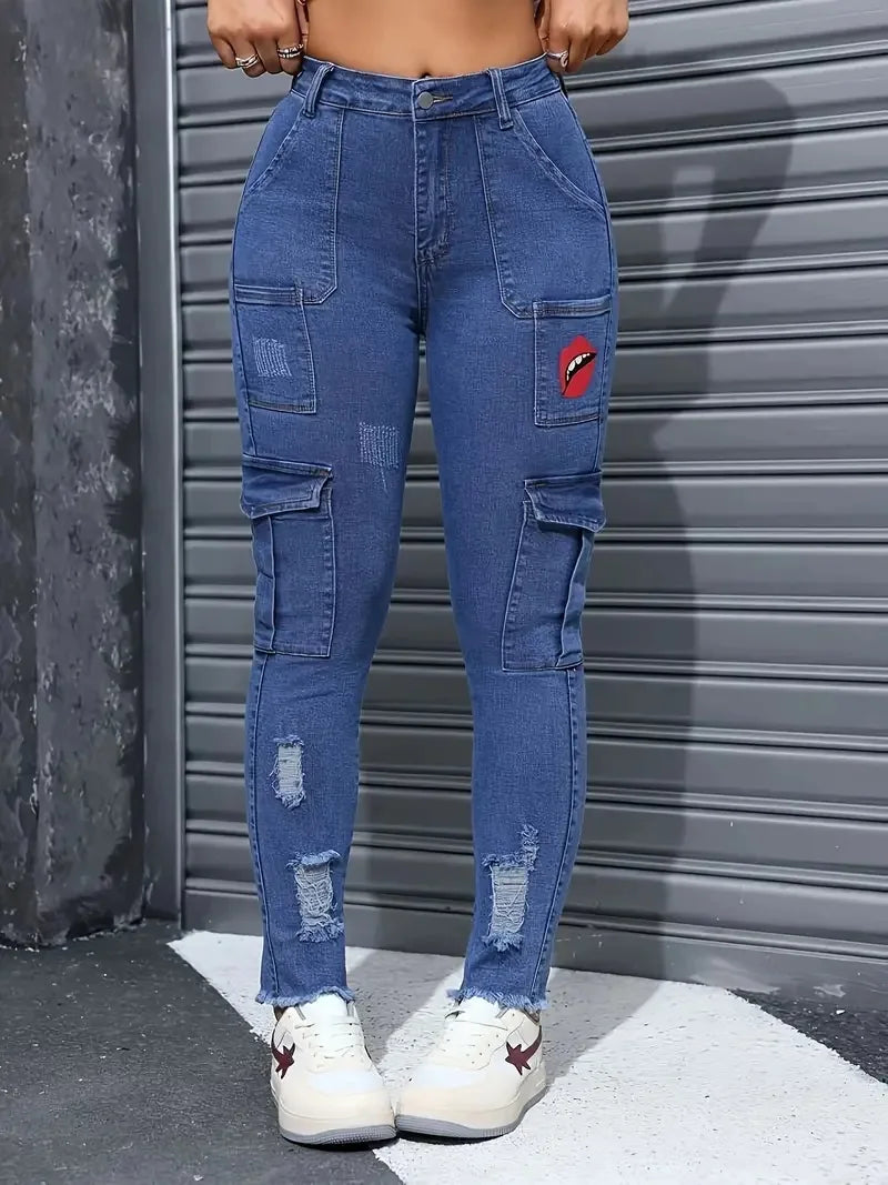 Women's Blue Elastic Jeans With Waist And Hip Lift Tight Little Fee Hairy Edges Sexy Overalls Multi-pocket Pants Lipstick Print