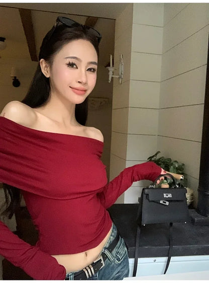 Women Sexy Tops Off Shoulder Long Sleeve Knitted T-shirt Solid Elegant Autumn Winter New Spicy Girl Slim Fit Short Red Crop Top