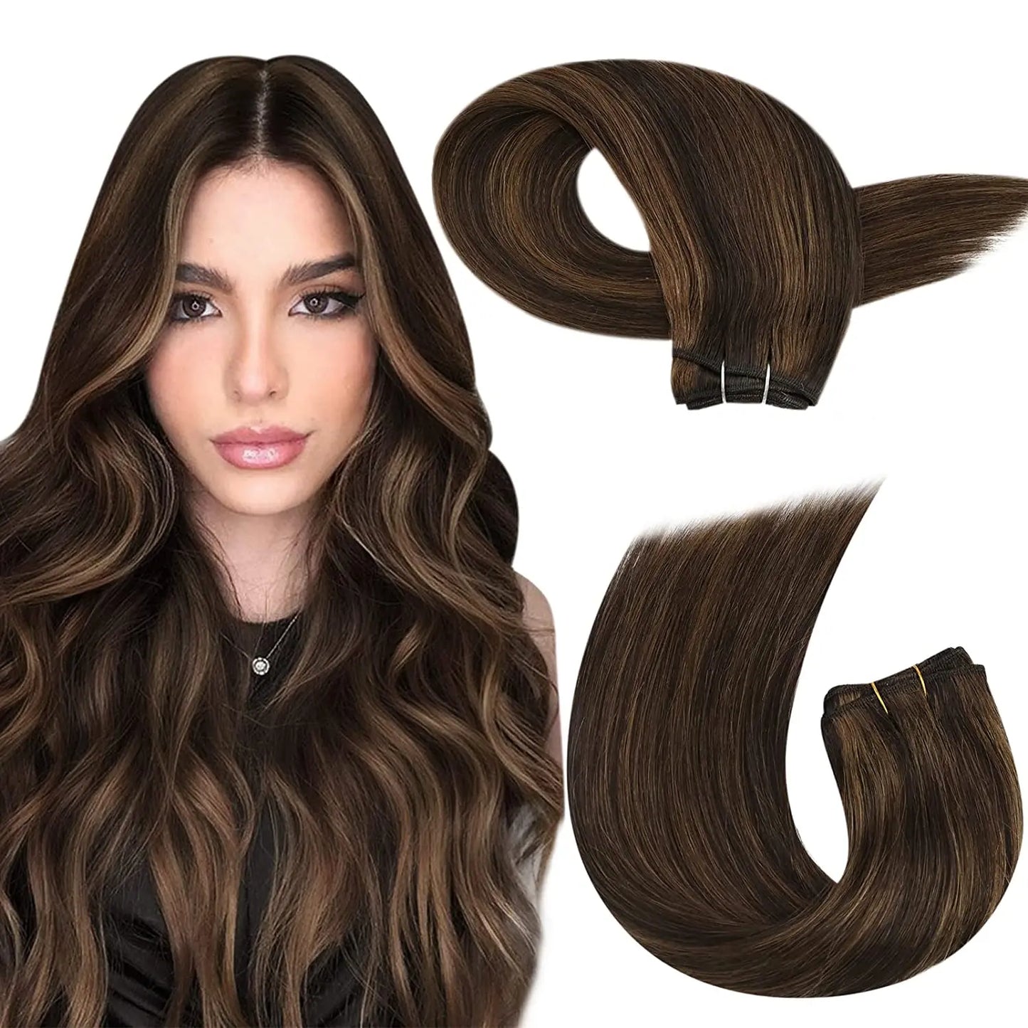 Moresoo Human Hair Bundles Weave in Double Wefted Machine Remy Hair Balayage Hair Pieces for Women Straight Weft Hair Extension