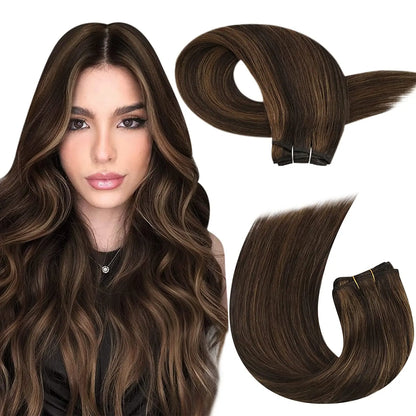Moresoo Human Hair Bundles Weave in Double Wefted Machine Remy Hair Balayage Hair Pieces for Women Straight Weft Hair Extension