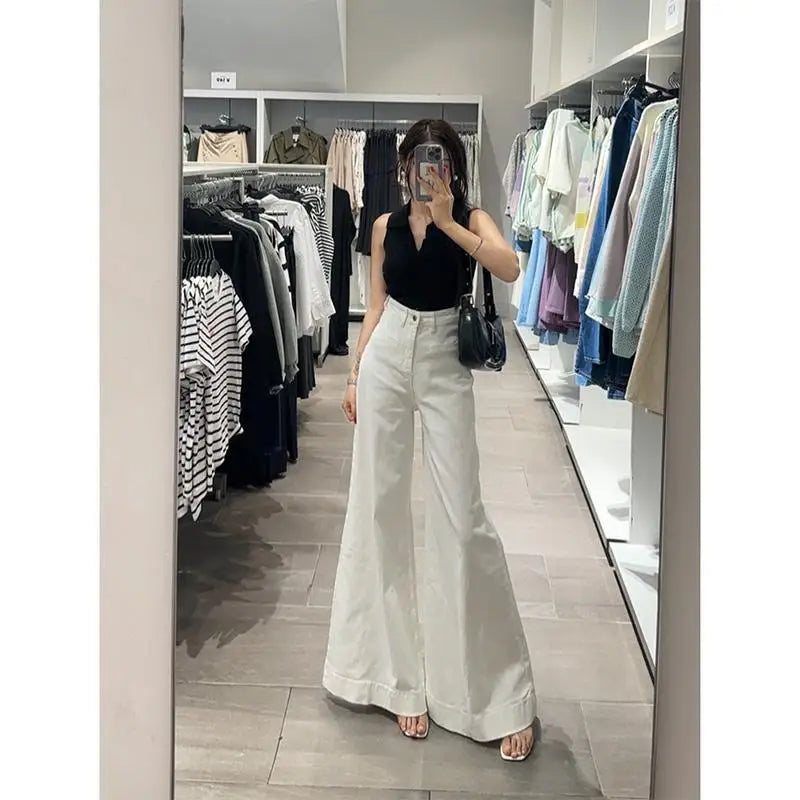 White Jeans with Pant Legs Women 2025 Spring New Temperament Korean Version of High Waist Loose Look Slim Wide Leg Pants Jeans