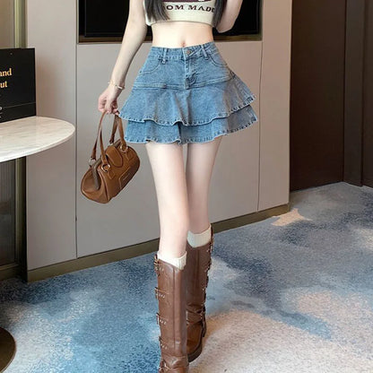 Korean Fashion Women Denim Short Skirts Summer 2025 Streetwear All Match Ruffles Mini Skirt Stretch Jean High Waist Cake Skirt