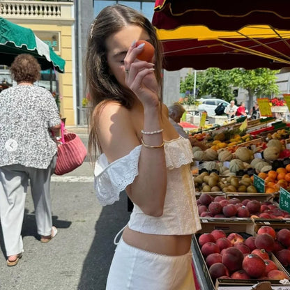 Women Fashion White Jacquard Ruffles Off Shoulder Slim Tank Crop Tops Slash Neck Lace Up Backless Single Breasted Corset Tees