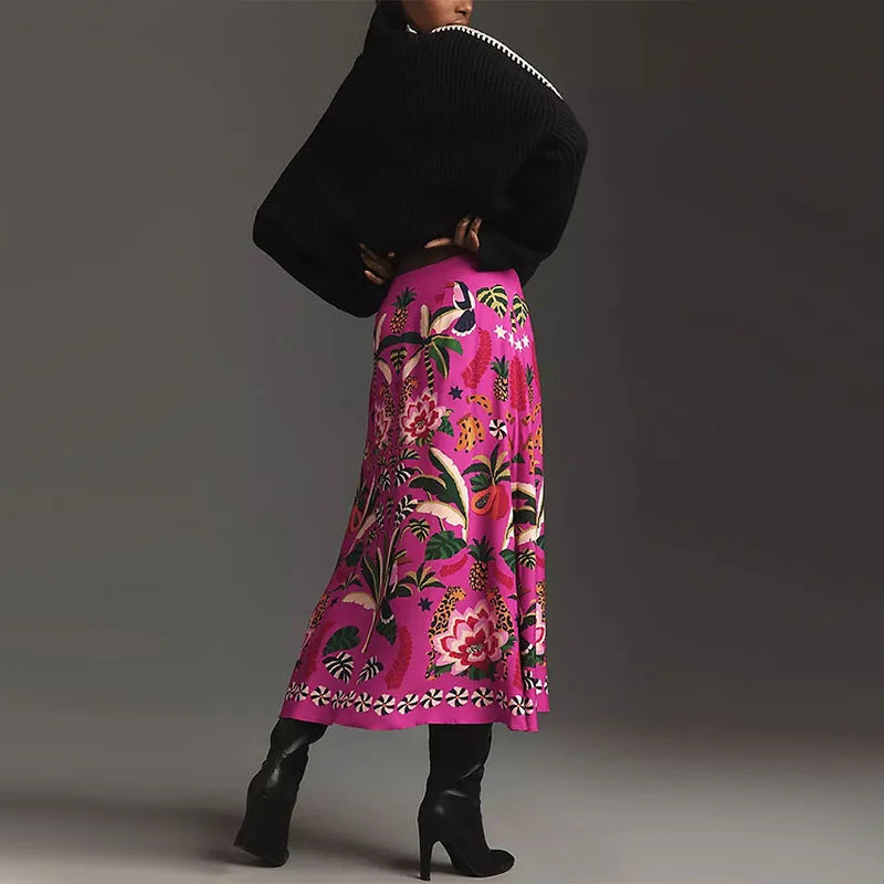 Women Skirts 2024 Spring Summer Vintage Streetwear Ladies Casual Floral Printed Long Skirts Elastic Waist Female Midi Skirts