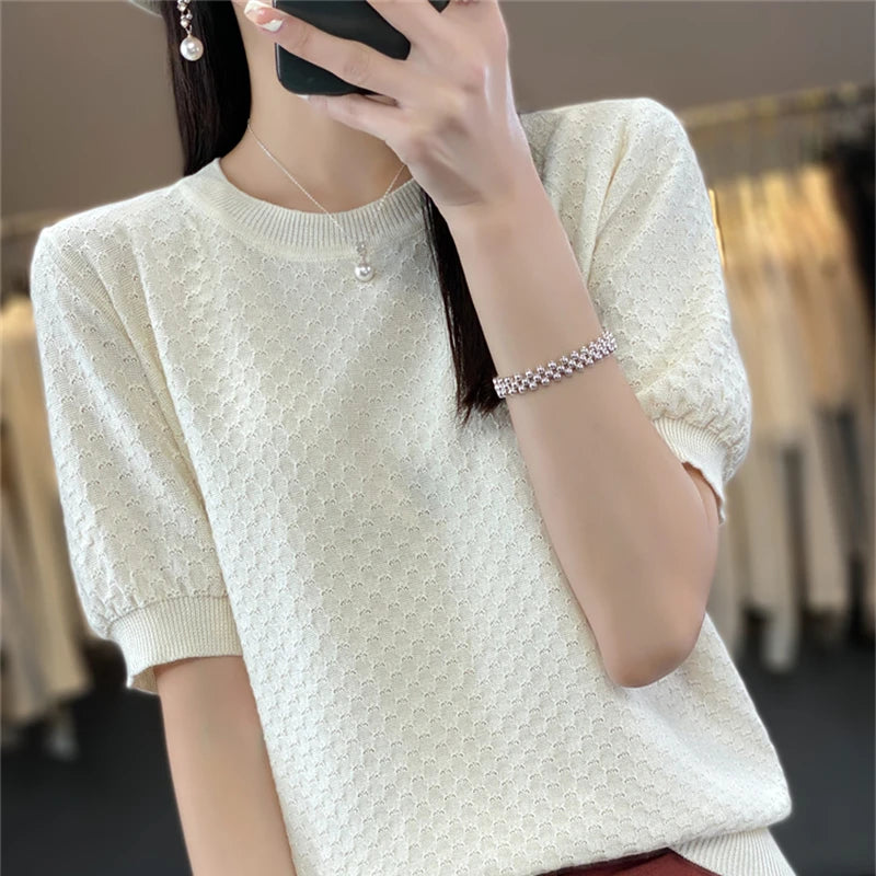 Women's T-shirt Summer 100% Cotton Sweater Short Sleeve Solid Color Round Neck Ladies Tops Loose Blouse Basic Pullover Tees