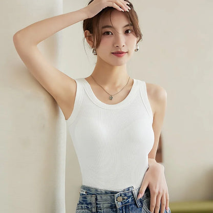 Women's Vest Tops With Built In Bra Neck Vest Padded Slim Fit Tank Tops Sexy Shirts Feminino Casual Underlay Shirt Slimming