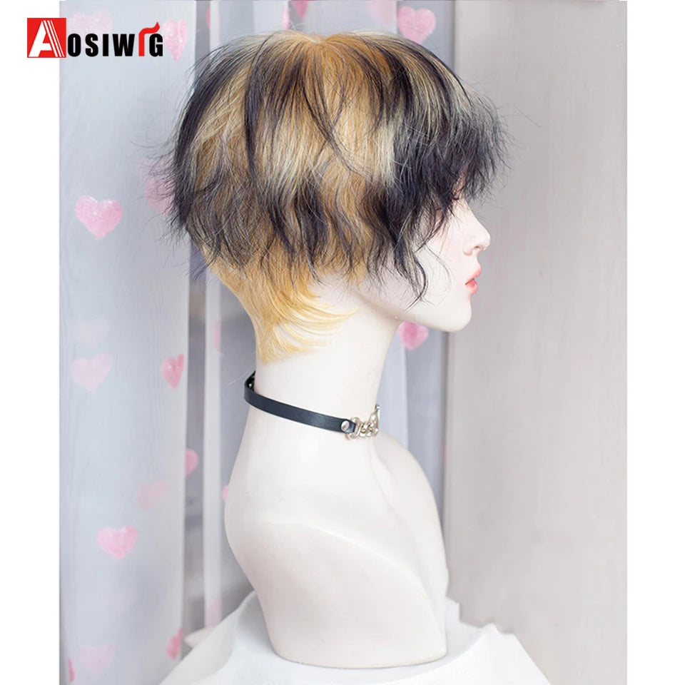 AOSIWIG  Short Curly Cosplay Men Boy Party Light Yellow Synthetic Heat Resistant Hair Wigs Men's Breathable Wig