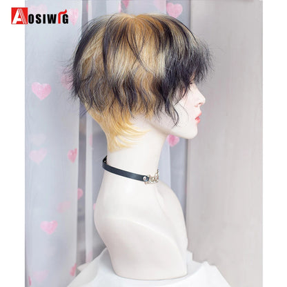 AOSIWIG  Short Curly Cosplay Men Boy Party Light Yellow Synthetic Heat Resistant Hair Wigs Men's Breathable Wig