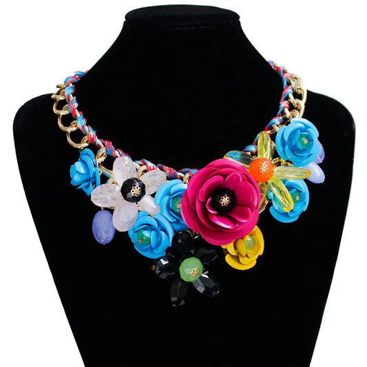 Womens Necklace Colorful Flowers Woven Short Collarbone Chain