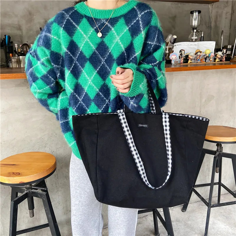 Women Canvas Shoulder Bags Plaid Double-side Large Capacity Handbags Female Shopping Portable Lazy All-match Foldable Tote Bag