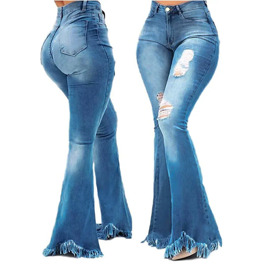 Jeans Women Long Pants Flare Pant Slim Fit Bodycon Y2k Streetwear Casual Elegant Splice Denim Trousers Solid Hole High Waist